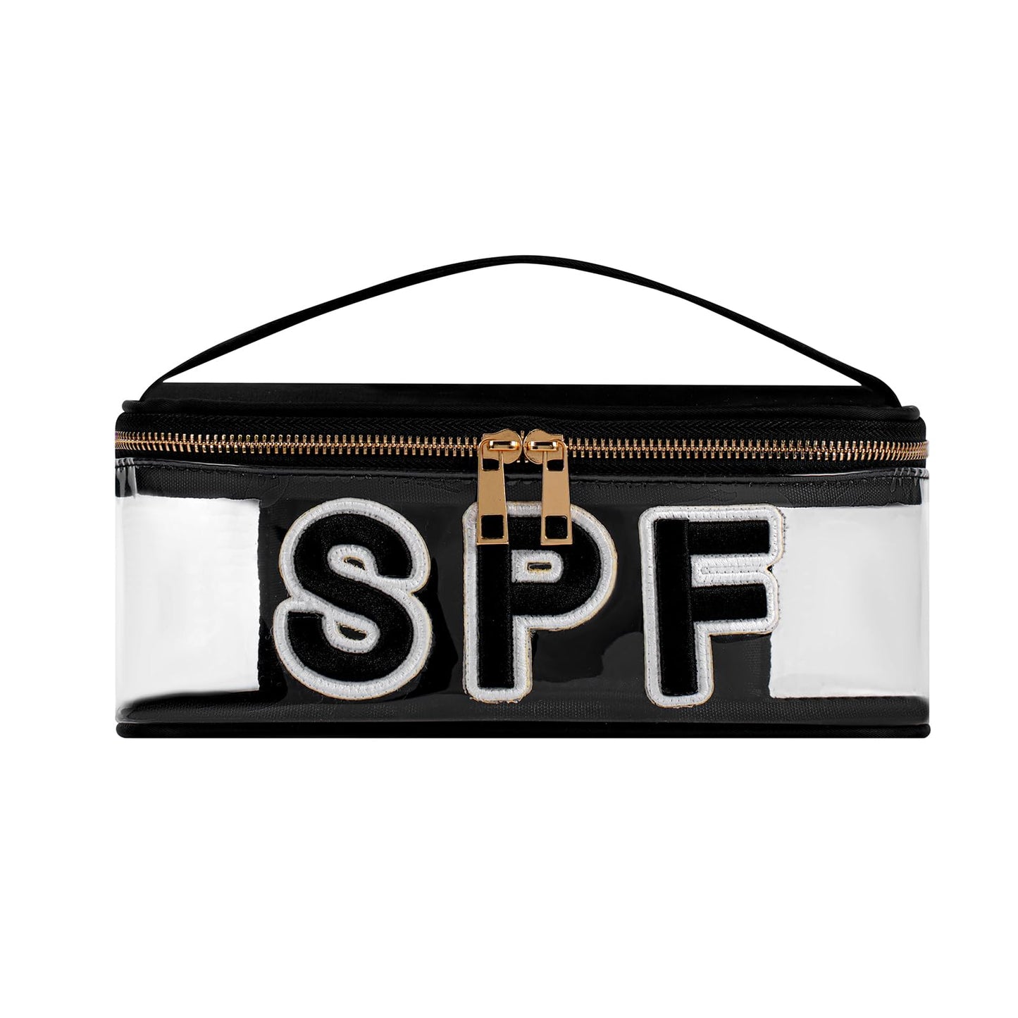 RSRSLEII Clear Waterproof Summer SPF Makeup Bag，Aesthetic Transparent Letter Patch Cosmetic Bag with Metal Zipper, Preppy Sunscreen Accessories Storage Organization, Beach Travel Purse(07SPF Black)