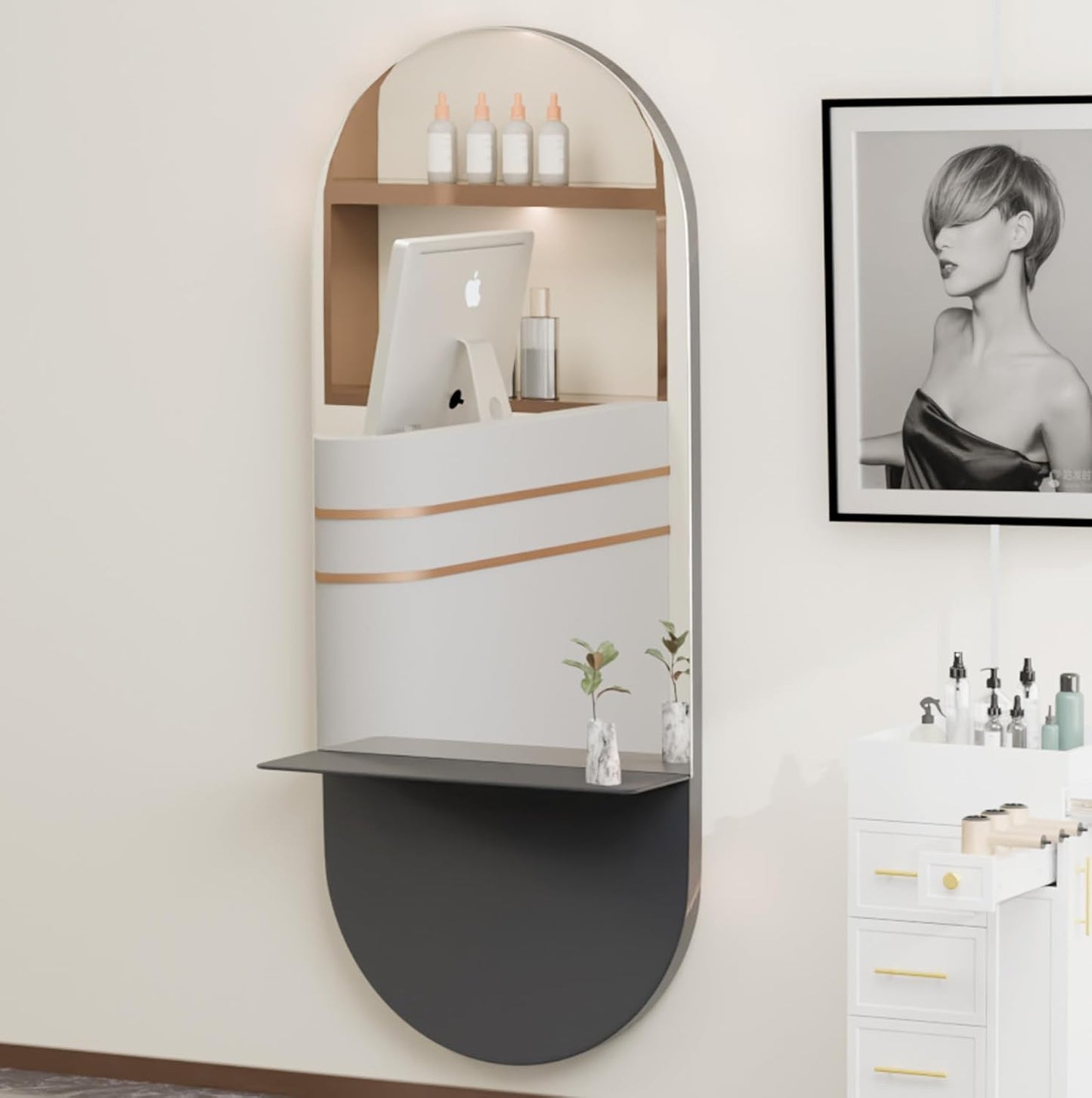 Full Length Wall Mount Mirror - Large Metal Makeup Mirror with Shelf | 69" for Salon, Barbershop, Spa, Bedroom, Bathroom