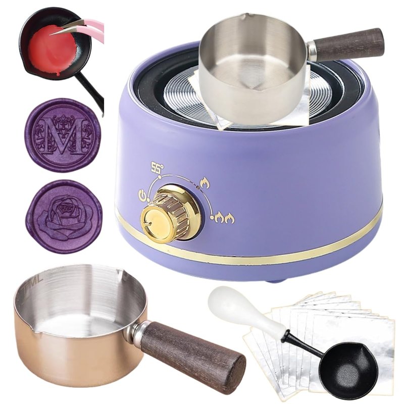 Sealing Wax Warmer Electric with 300Pcs Purple Waxseal Beads, a 80ml Large Spoon, a Non-Slip Melt Scoop, Electric Wax Seal Melting Warmer Furnace Kit(300 Purple White Set)