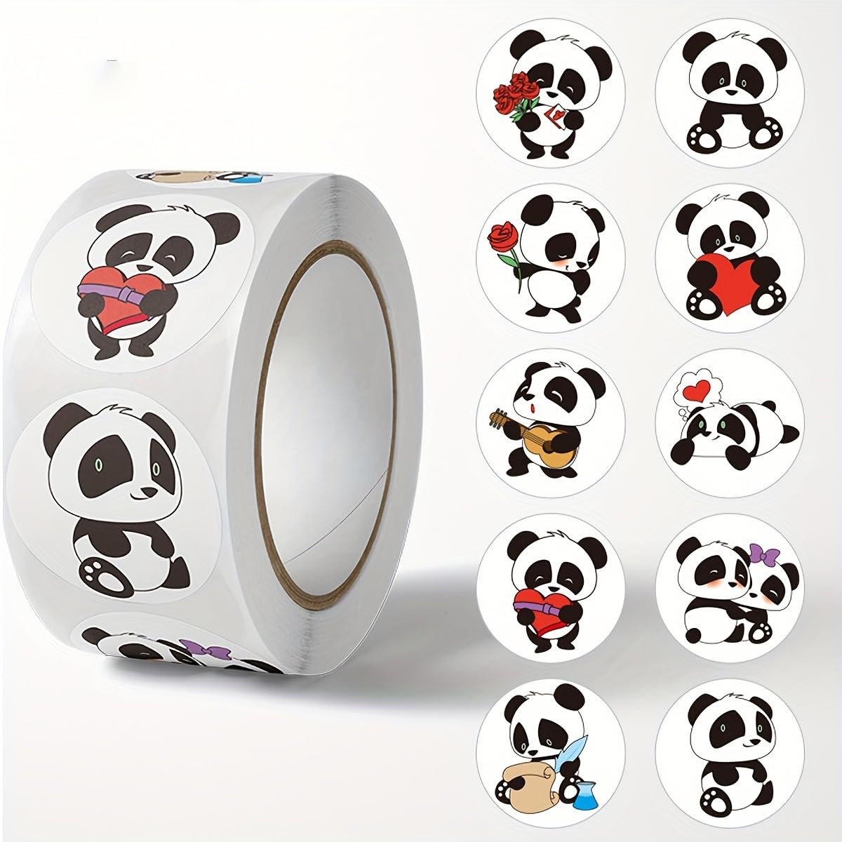 Xiongmao Panda Pattern PVC Adhesive Stickers, 500 Pieces Per Roll, Heart Design Sealing Labels ds, Gift Boxes, Cake Packaging and Party Decoration Use