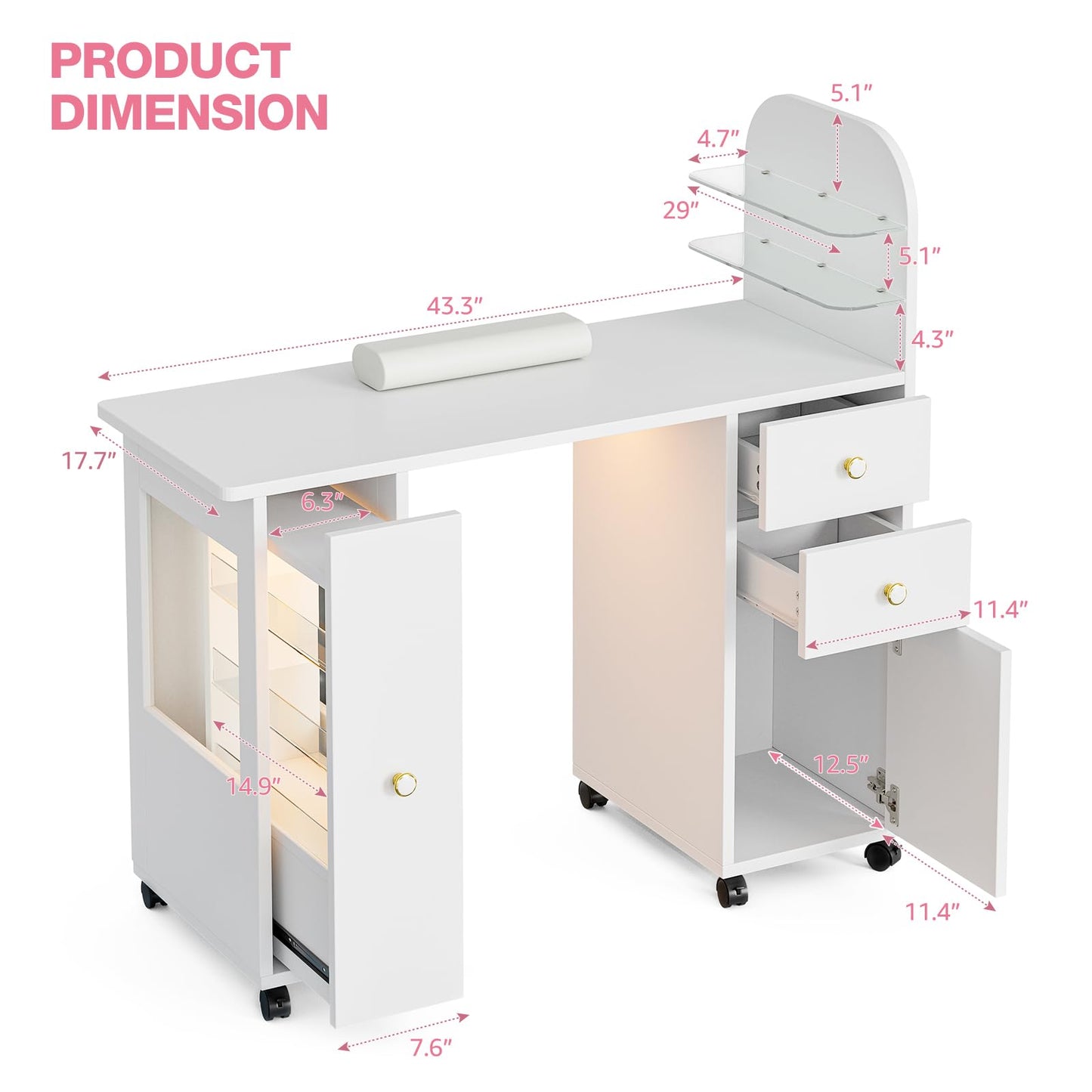 TTGIEET Professional Nail Desk for Nail Tech w/LED Light Display Cabinet, Rolling Manicure Table with Lockable Wheels, Storage Drawers, Wrist Cushion, Acetone Resistant, for Beauty Salon, Spa & Home