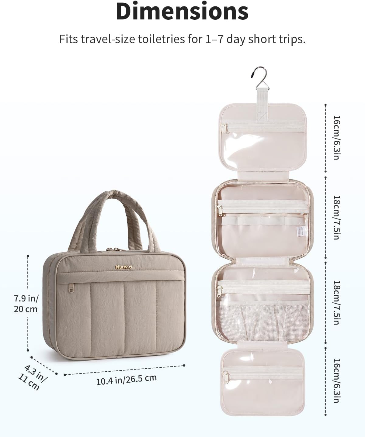 Hanging Travel Toiletry Bag for Women - Quilted Makeup Organizer with Handle | Portable Khaki Bathroom Essentials