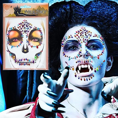Doneace Style3 Blue Halloween Skeleton Face Gems & Rhinestone Tattoos - Reusable Face Stickers