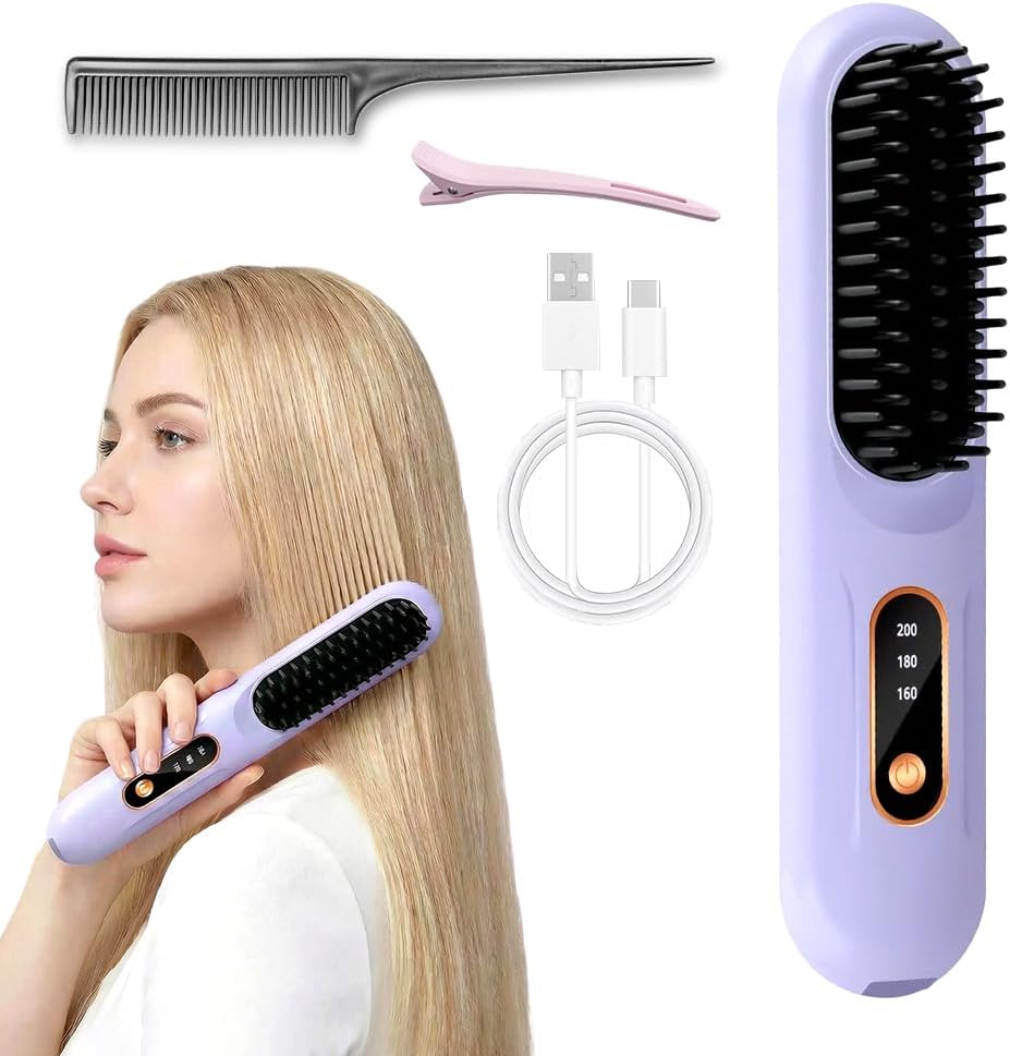 Portable Straightener Brush - Cordless Ionic Ceramic Hair Tool for Long Hair | 30s Fast Heat, 3 Temp Settings, USB-C Rechargeable (Purple)