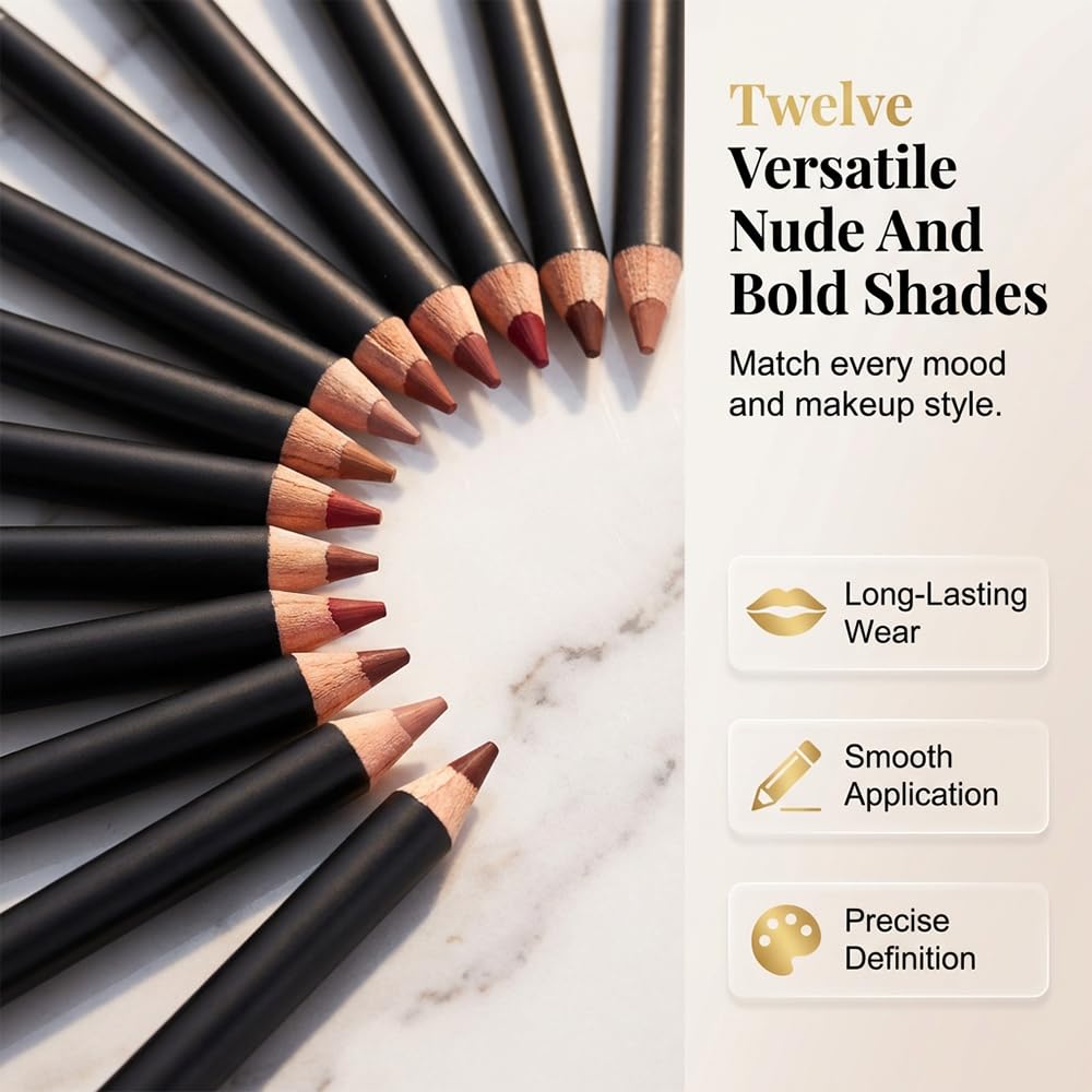 Matte Lip Liner Set - 12 Colors Waterproof Long-Lasting Pigmented Pencils | Easy Application for Defined Lips