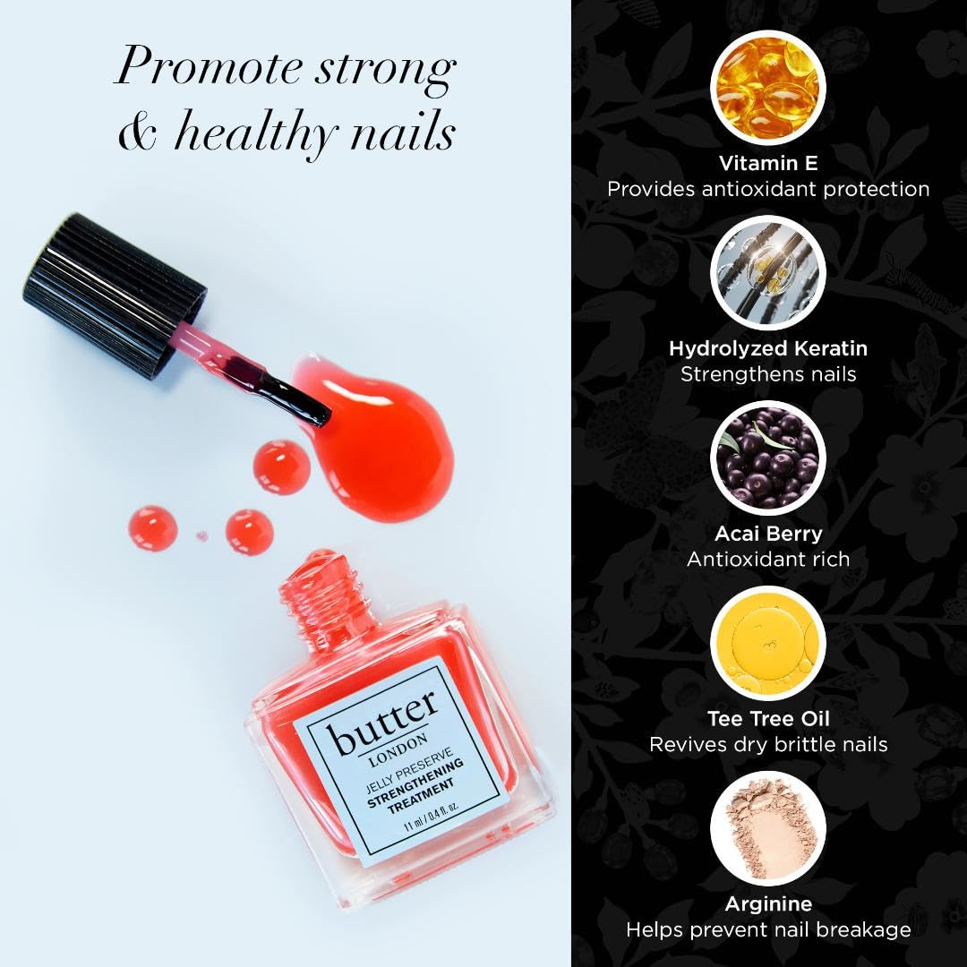 butter LONDON Nail Strengthener for Damaged Nails, Jelly Preserve (Strawberry Rhubarb) - Pink Translucent Finish Nail Polish Strengthens, Nourishes & Rejuvenates Nail Beds & Roots - Nail Care Products
