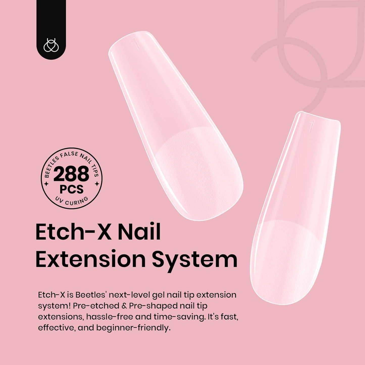 Beetles Gel Nail Tips Etch-X, Square Medium, 288Pcs 12 Sizes, Pre-Etched Half Matte Soft Acrylic False Nail Tips Full Cover Easy DIY Fake Press On Nail Extension Salon Gift for Women