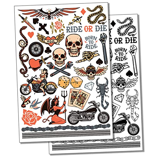 Biker Skulls Temporary Tattoo Sheet - Color Waterproof Body Art
