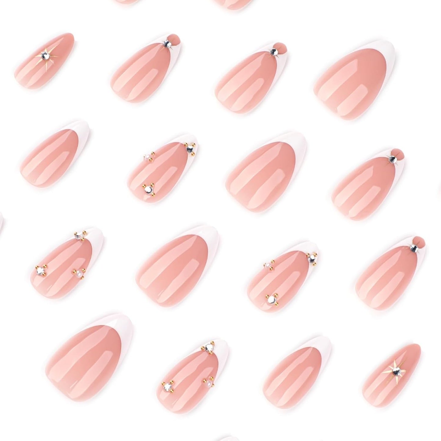 Press On Nails - French Tip Design with Rhinestones | Medium Almond Glossy Full Cover - 24 Pcs