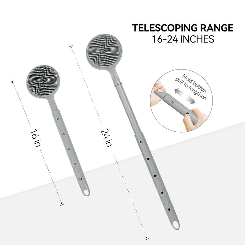 Back Scrubber for Shower, (16-24 Inch) Extendable Bath Brush Long Handle for Shower, Silicone Body Scrubber with Handle, Back Brush for Shower Men and Women,Easy to Clean (Gray)
