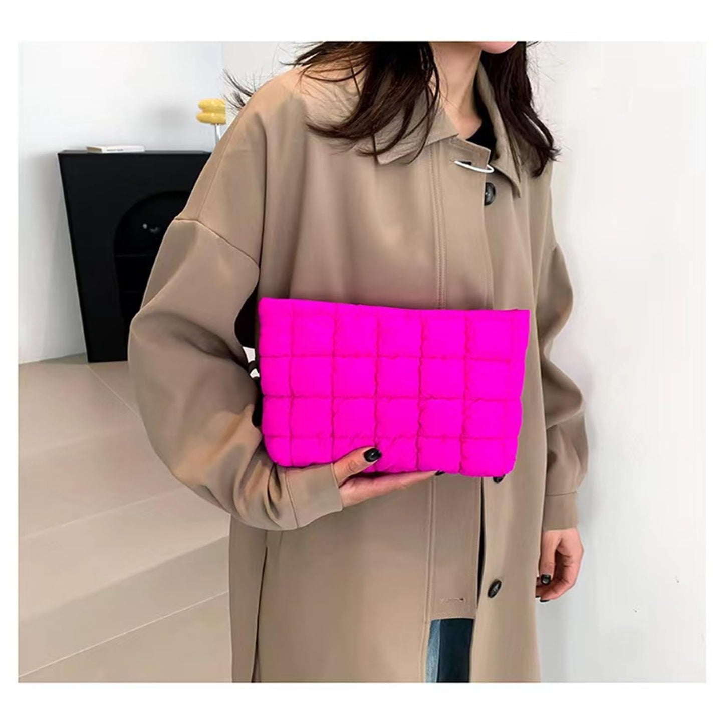 CECKQUE Soft Checkered Quilted Puffy Makeup Bag for Women, Aesthetic Puffer Cosmetic Bag Pouch for Purse (Hot Pink)