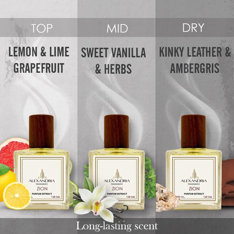 Alexandria Fragrances Zion Perfume for Men - Long Lasting Lemon, Sweet Vanilla, Leather, Ambergris & Herbs notes – Elegant Zion Men Cologne for Daily Use – Perfect for Any Event 60ml