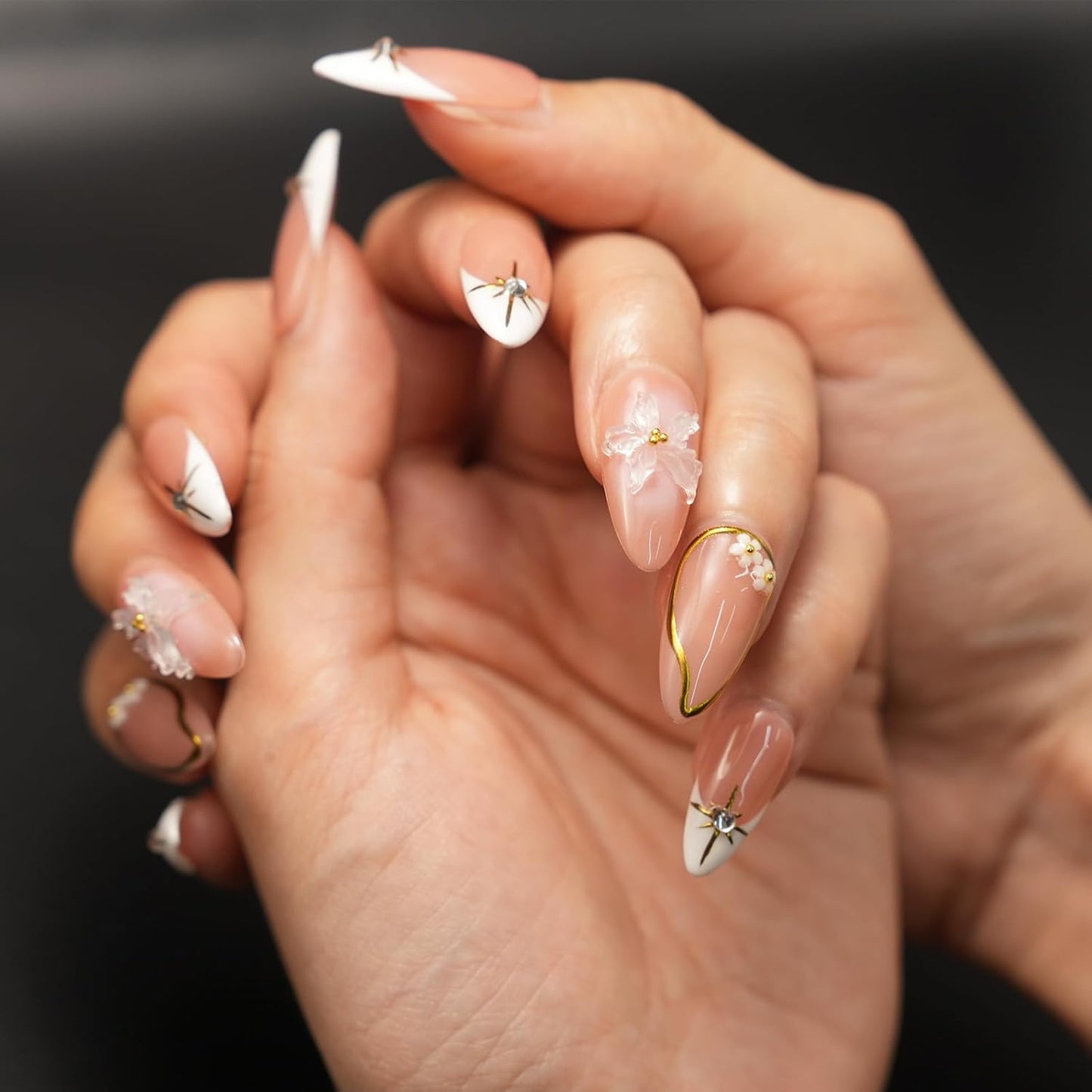 Brown French Tip Press On Nails - 3D Metallic Rhinestones | Medium Almond Reusable Acrylic False Nails (10 PCS)