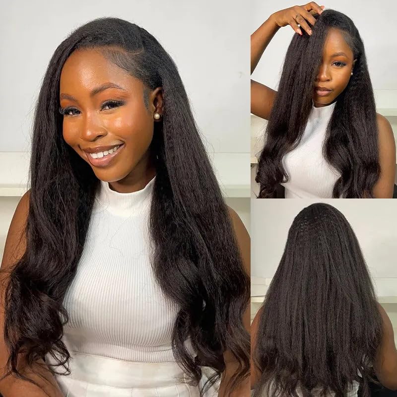 Kinky Straight Half Wig - 180% Density Human Hair | Adjustable Drawstring, Beginner-Friendly, 18 Inch