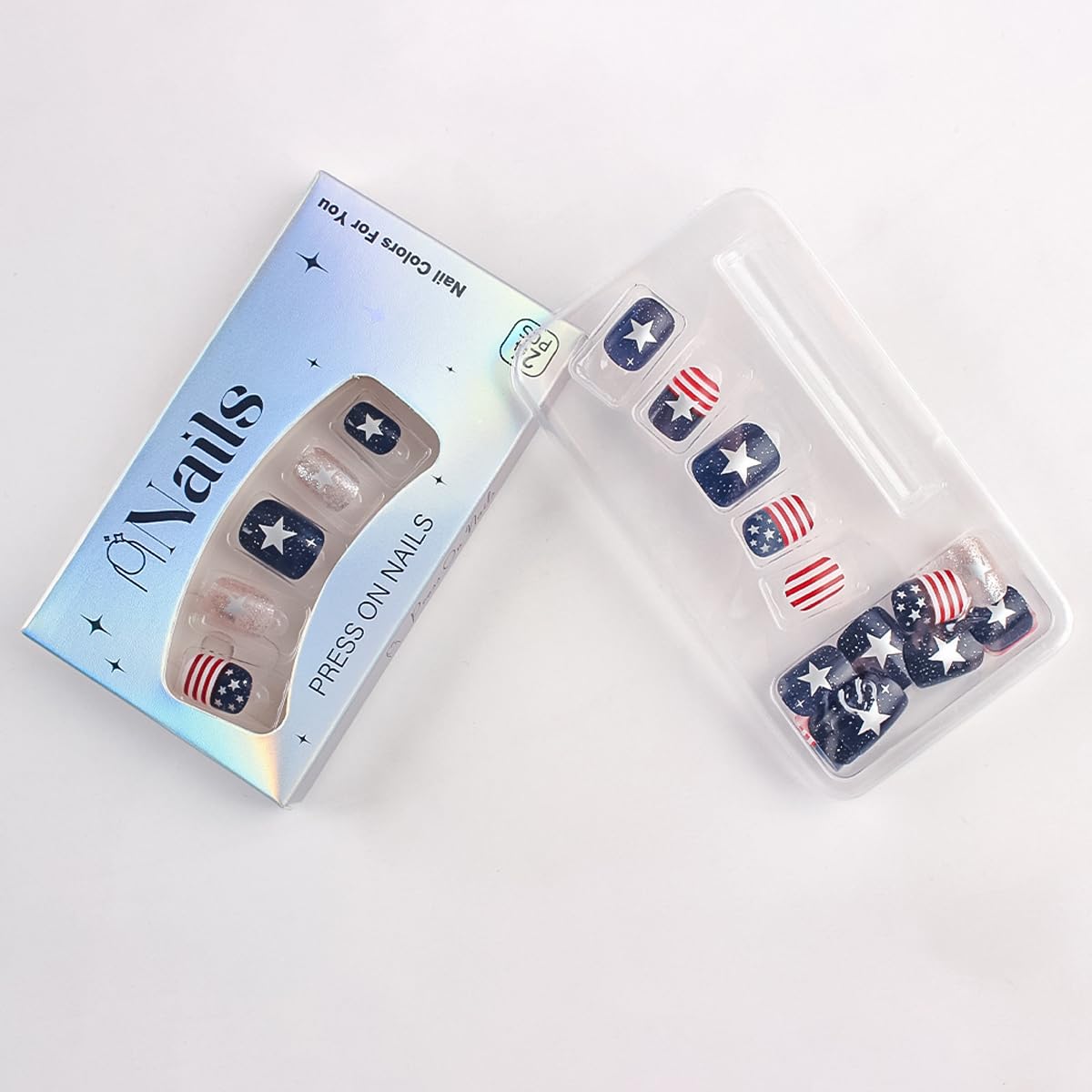4th of July Press on Nails Medium Square Patriotic Fake Nails with Star | American flag Designs,Silver Glitter 4th of July Nails Independence Day Full Cover Stick on Nail for Women Manicure 24Pcs
