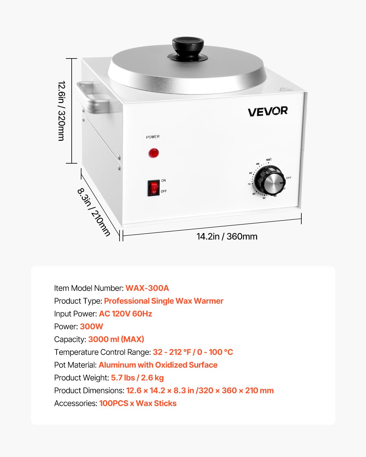 VEVOR Single Pot Wax Warmer, 3000ML 300W Professional Wax Warmer for Hair Removal, 32 ℉ - 212℉ Adjustable Electric Waxing Heater with 100PCS Waxing Sticks for Home Use, Beauty Salon, Spa