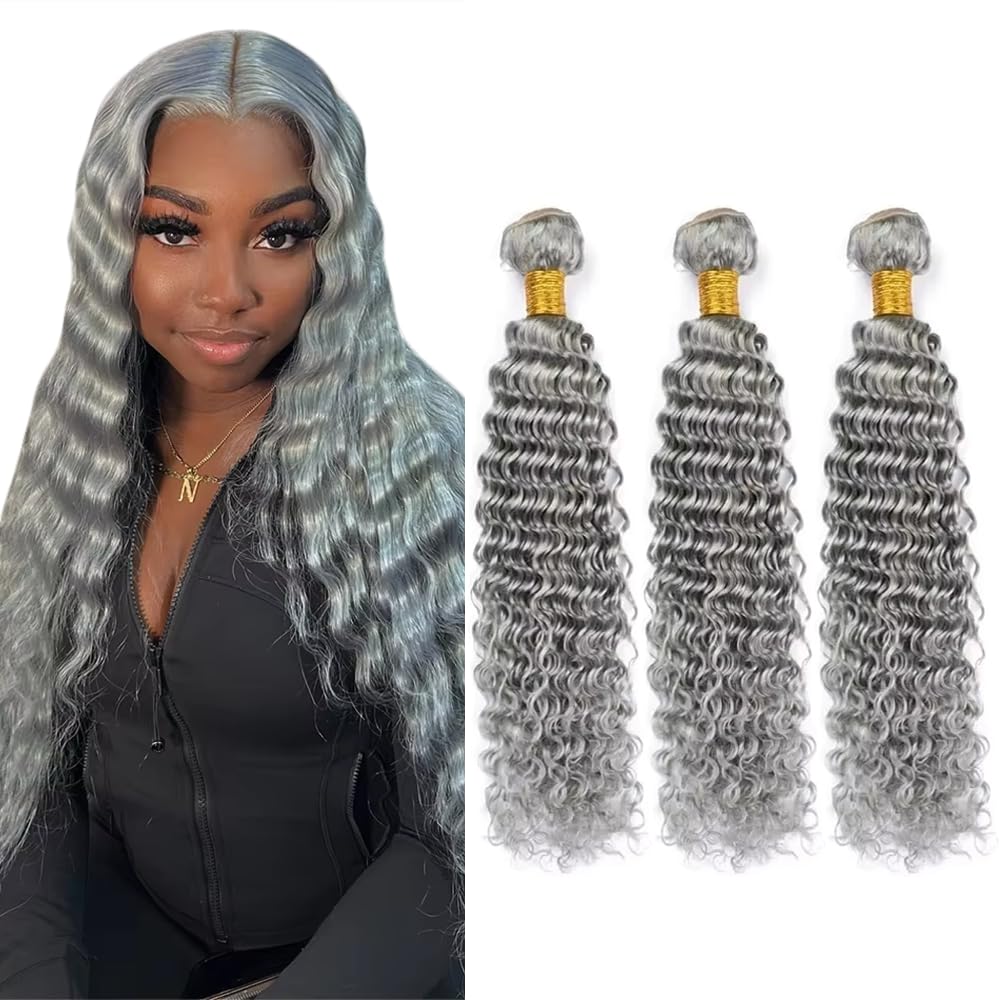 20 22 24 Inch Grey Bundles Human Hair Deep Wave 3 Bundles Brazilian Remy Hair 50 Grams/Bundle 10A Grade Unprocessed Virgin Hairs Silver Grey Deep Wave Bundle Weaves Extensions