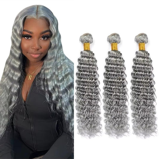 20 22 24 Inch Grey Bundles Human Hair Deep Wave 3 Bundles Brazilian Remy Hair 50 Grams/Bundle 10A Grade Unprocessed Virgin Hairs Silver Grey Deep Wave Bundle Weaves Extensions