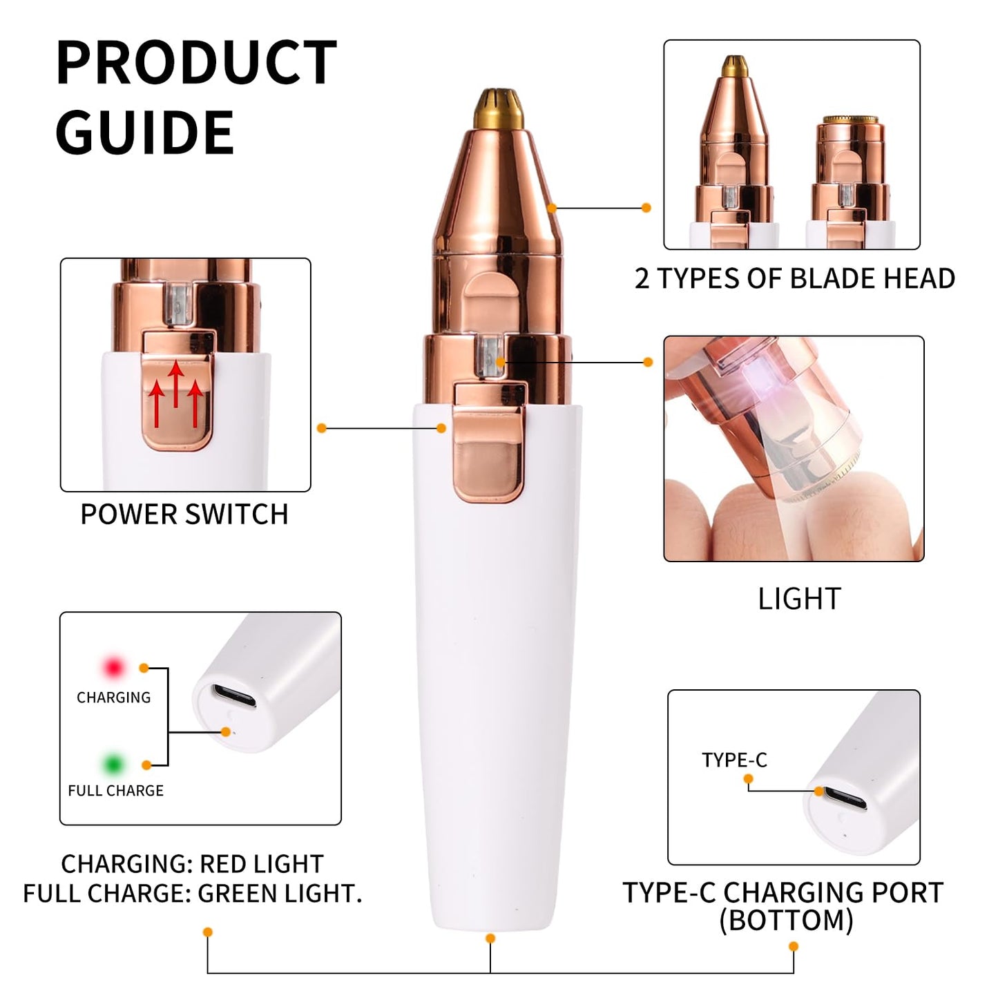 Facial Hair Removal for Women,2 in 1 Electric Hair Removal Device for Chin Upper Lip Peach Fuzz & Rechargeable Eyebrow Trimmer with LED Light for Precise Shaping