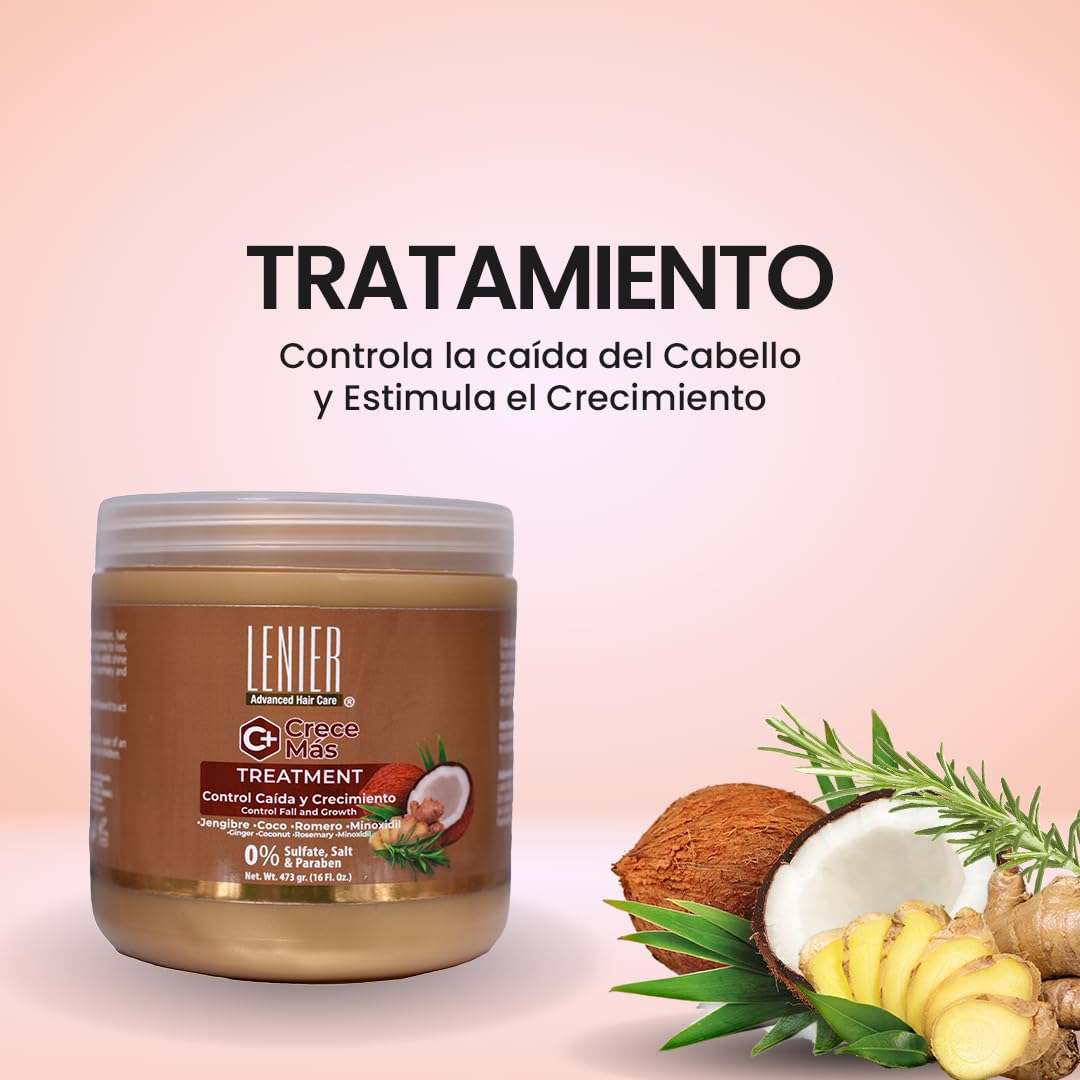 Lenier Crece Más Hair Growth Bundle | 3 Items | Shampoo 17 oz, Hair Mask 16 oz & Leave In Conditioner 10 oz | Ginger, Coconut Oil & Rosemary | Sulfate Free Hair Care System