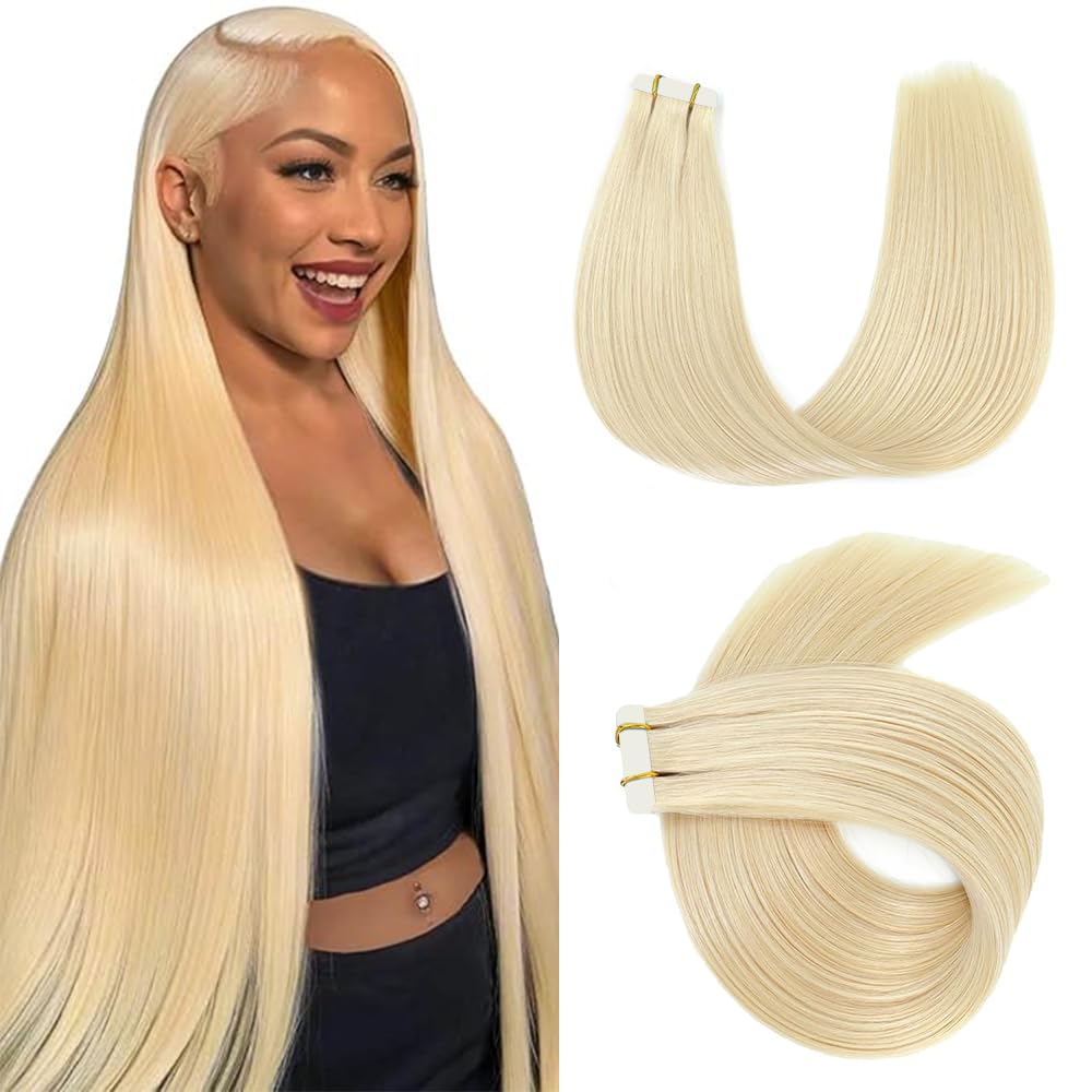 HuxoWax 28 Inch Straight Tape In Human Hair Extensions #613 Blonde Double Weft Weave 10 Packs Total 40g #613 Blonde Color Invisible Human Hair Tape In Extensions