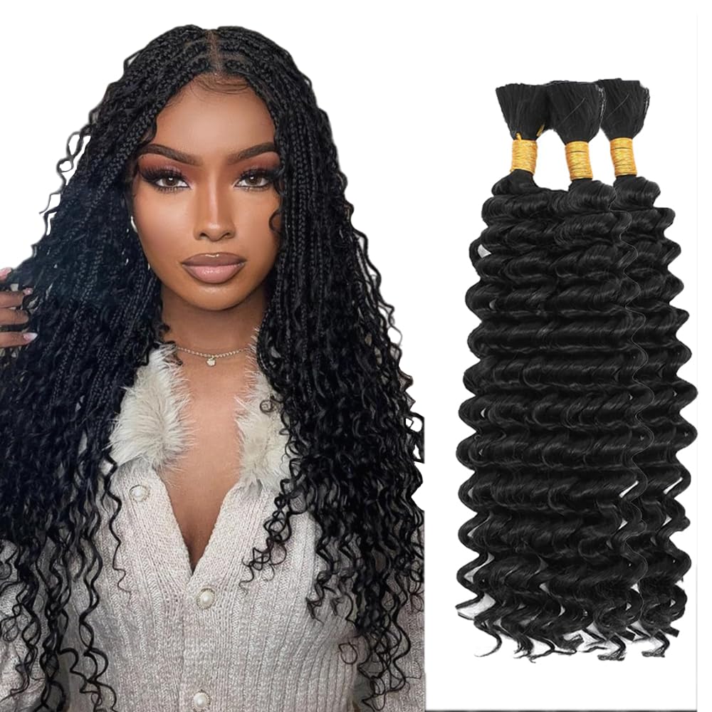 30 30 30 Inch #1B Human Braiding Hair for Boho Braids Natural Blck #1B Boho Human Hair Braiding Deep Wave Knotless Bulk Bohemian Natural Color Braids 150g