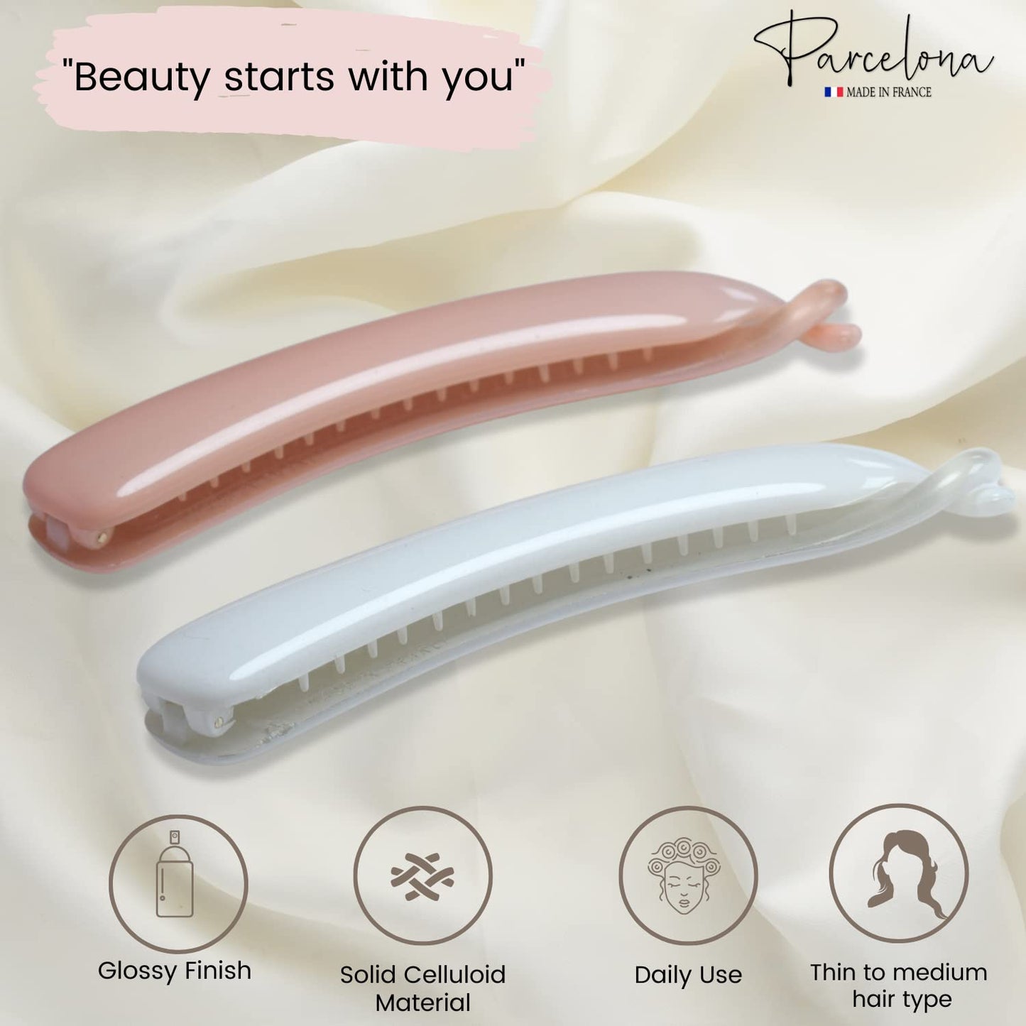 Parcelona French Small 3 ¾” Celluloid Set of 2 French Banana Hair Clip Flexible Ponytail Holder Fashion Durable Styling Women Hair Accessories, Made in France