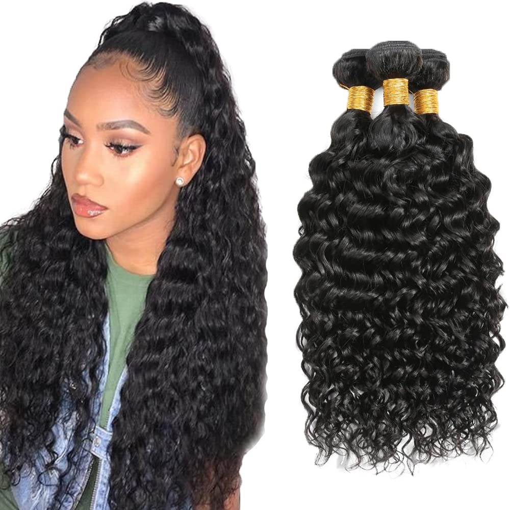20 22 24 Inch Water Wave Bundles Human Hair 3 Bundles Brazilian Remy Hair 50 Grams/Bundle 10A Grade Unprocessed Virgin Hairs Water Wave Bundle Weaves Extensions for Black Women