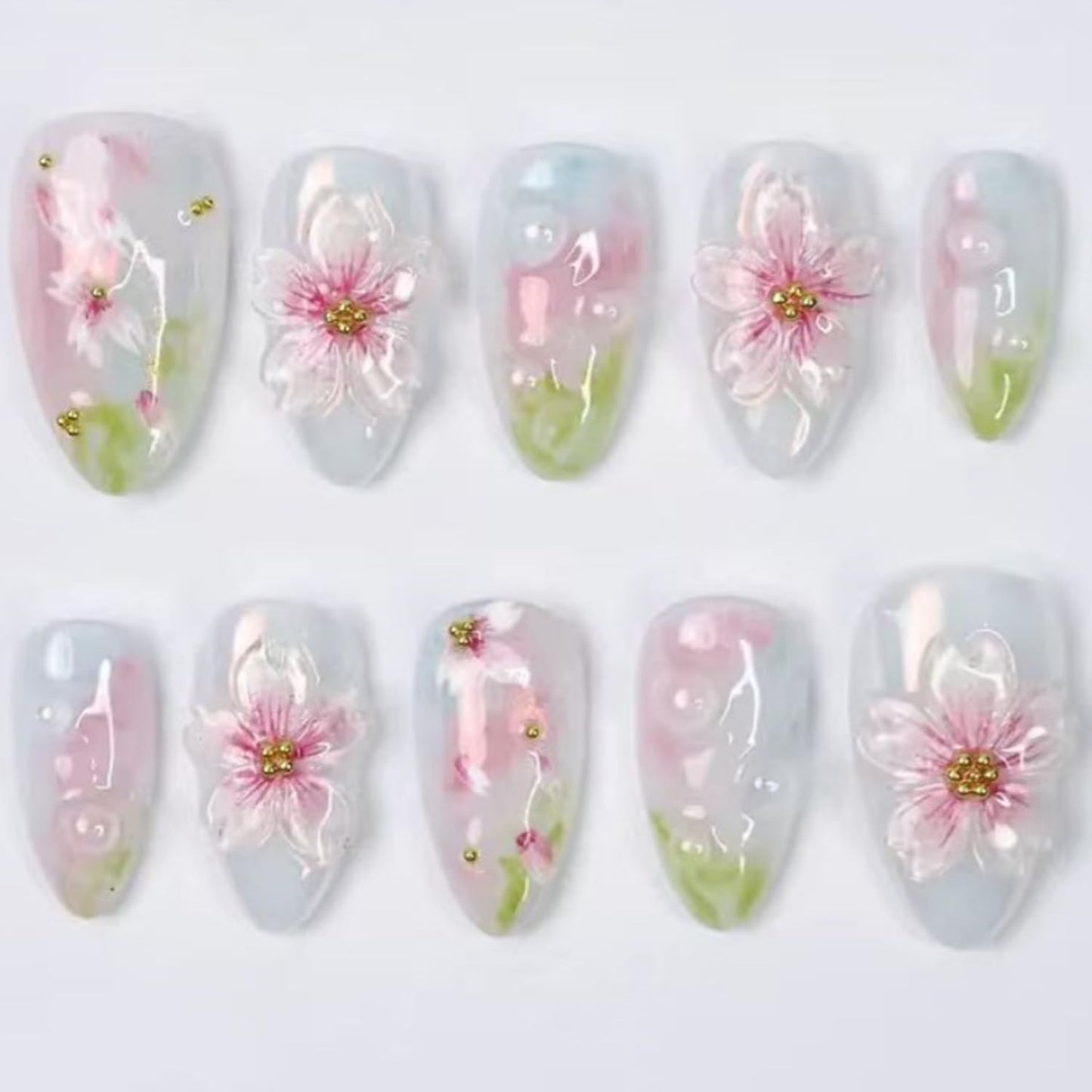 Press-On Nails - 30 Pcs Pink Flower French Tip Design | Short Almond 3D Floral Full Cover Acrylic Set