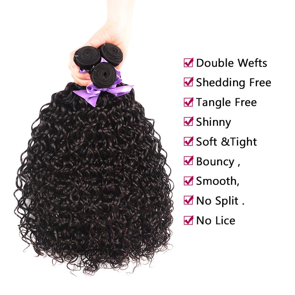 Water Wave Bundles With Closure (16 18 20 +14) Brazilian Virgin Human Hair Curly Wave 3 Bundles with Closure Free Part Wet and Wavy Human Hair Weave Bundles With 4inch x 4inch Closure Natural Color