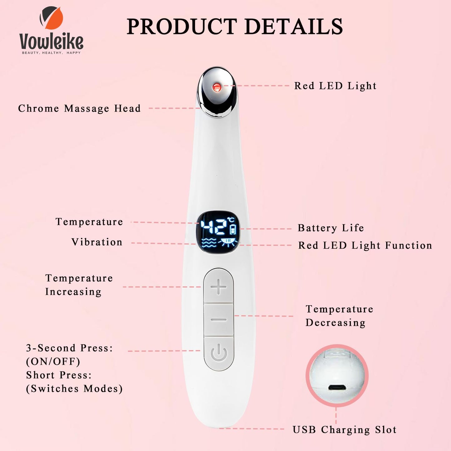 Vowleike Eye Lift Wand, 3 in 1 Vibrating Red Light 98°F to 113°F LCD Display Eye Massager for Dry Eyes, Dark Circles and Puffiness, Electrical Face, Neck Sculpting Pen for Fine Lines and Wrinkles