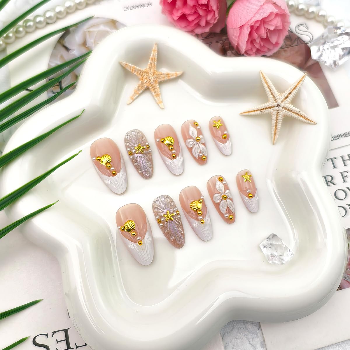Short Almond Press-On Nails - 24 Pcs French Tip with Leopard Print & Gold Beads | Reusable Acrylic Nail Designs for Women