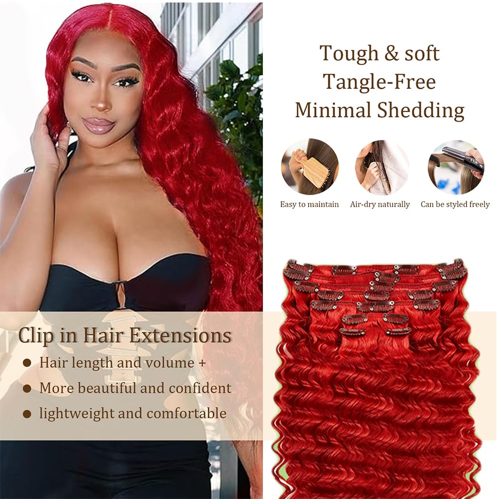 Red Clip in Hair Extensions Real Human Hair, 28 Inch 120g/7Pcs,Full Shine Remy Hair,Wine Red Deep Wave Clip ins Brazilian Virgin Human Hair Extensions
