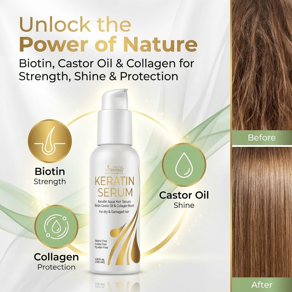 Keratin Hair Serum with Biotin, Castor Oil & Collagen - Anti-Frizz Leave-In Treatment for Dry, Damaged Hair | 4.25 fl oz (125mL)