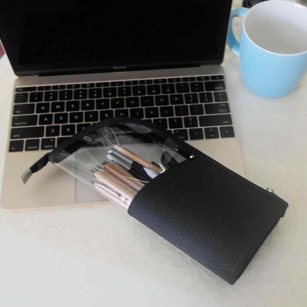 ANEMEL Black Travel Makeup Brush Holder 2-Pack, Organizer Bag Clear Plastic Cosmetic Zipper Pouch Portable Waterproof Dust-Free Stand-Up Small Toiletry Stationery Bag with Divider