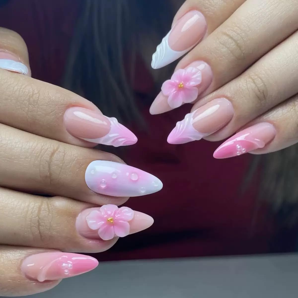 Almond Press-On Nails - Ombre Purple Floral Butterfly Design | 24 Full Cover Rhinestone False Nails for Women