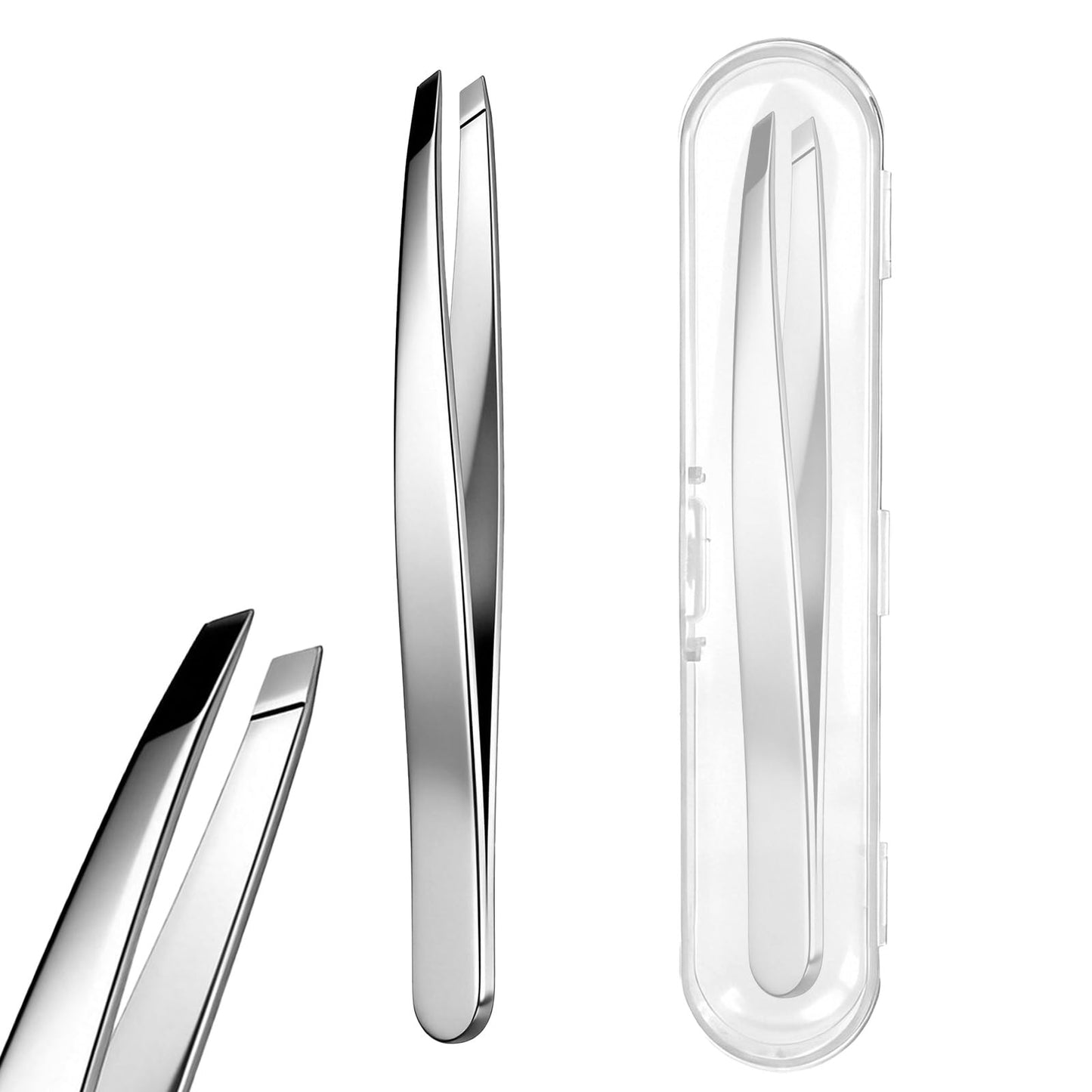 2 PCS Precision Slant Eyebrow Tweezers, Tweezers for Women Facial Hair & Ingrown Hair Removal Silver Stainless Steel Eyebrow Hairs Removal Tweezer with Case for Women Men