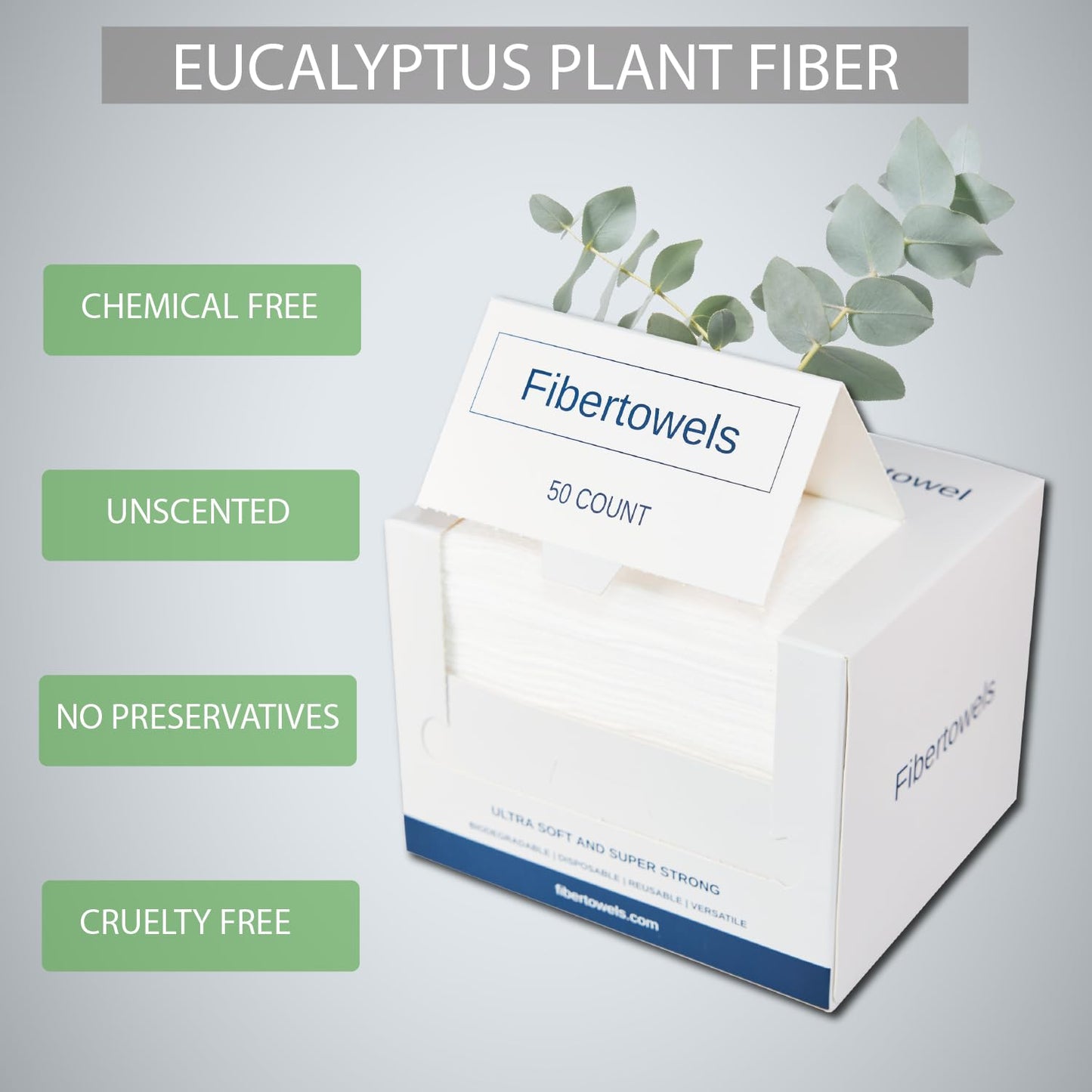 Fibertowels XL Disposable Face Towels 10” x 12” Eucalyptus Fiber Face Towelettes, Ultra Soft Facial Tissue Wipes for Women, Skin Friendly Dry Wipes Makeup Remover 50 Count (Pack of 1)