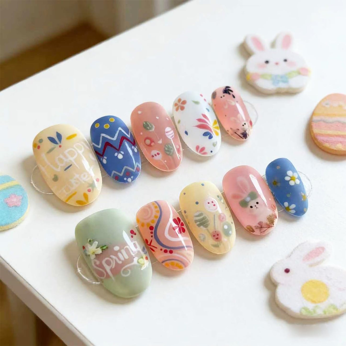 French Tip Press-On Nails - 24pcs Medium Almond with 3D Floral Gold Pearl Shell Designs | Summer Glitter Acrylic Full Cover
