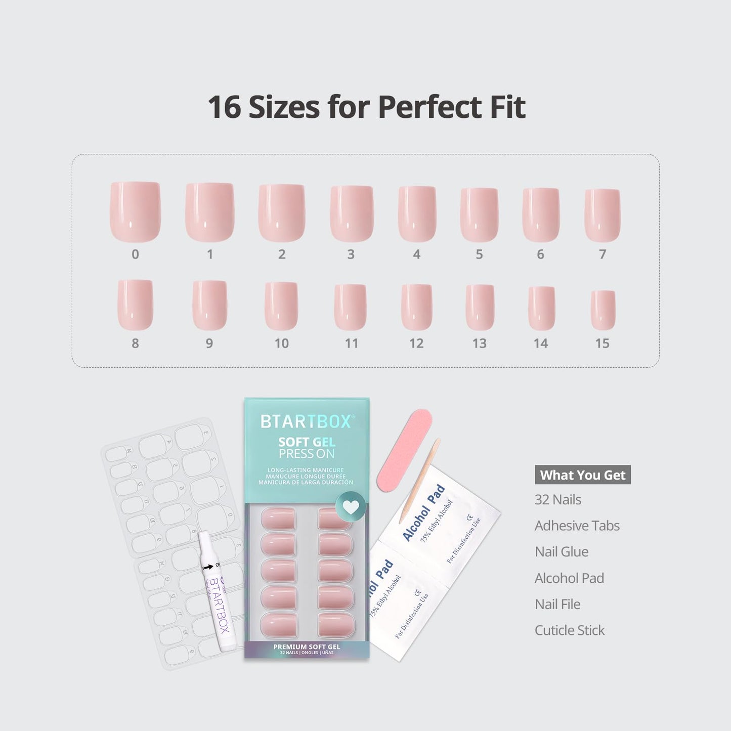 BTArtbox Press On Nails Square - Pastel Pink Short Press On Nails with Glue for Women, Opaque Soft Gel Glue On Nails in 16 Sizes - 32 Stick On Nails Kit, Metro Mocha