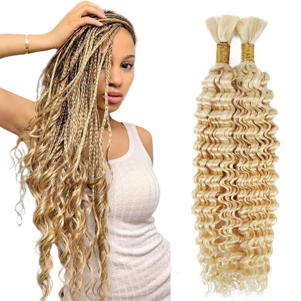 28 28 Inch LadrXadr 613 Boho Human Hair Braiding 613 Human Boho Hair Blonde Deep Wave Braiding Color 613 Deep Curly Wave Braids Color 613 Blonde Braids 100g