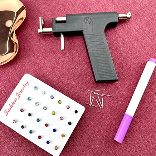 EOKOW Ear Piercing Gun Kit Black - Reusable Piercing Tool with 12 Color Diamonds, 10 S925 Silver Sticks, Stainless Steel & Safe Home Salon