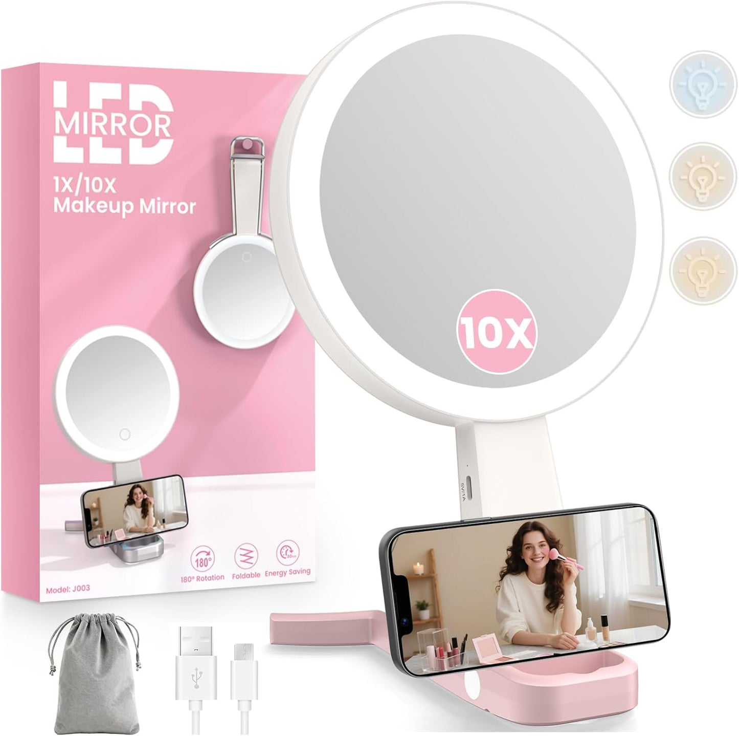Makeup Mirror with Lights - Double-Sided 10X Magnification | Portable Rechargeable 3-in-1 Design