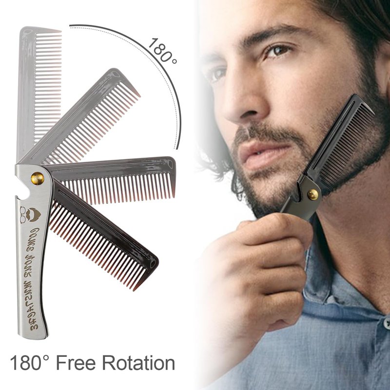 Foldable Stainless Steel 2 in 1 Pocket Comb and Bottle Opener - Folding Beard Comb for Men, 2 Pack
