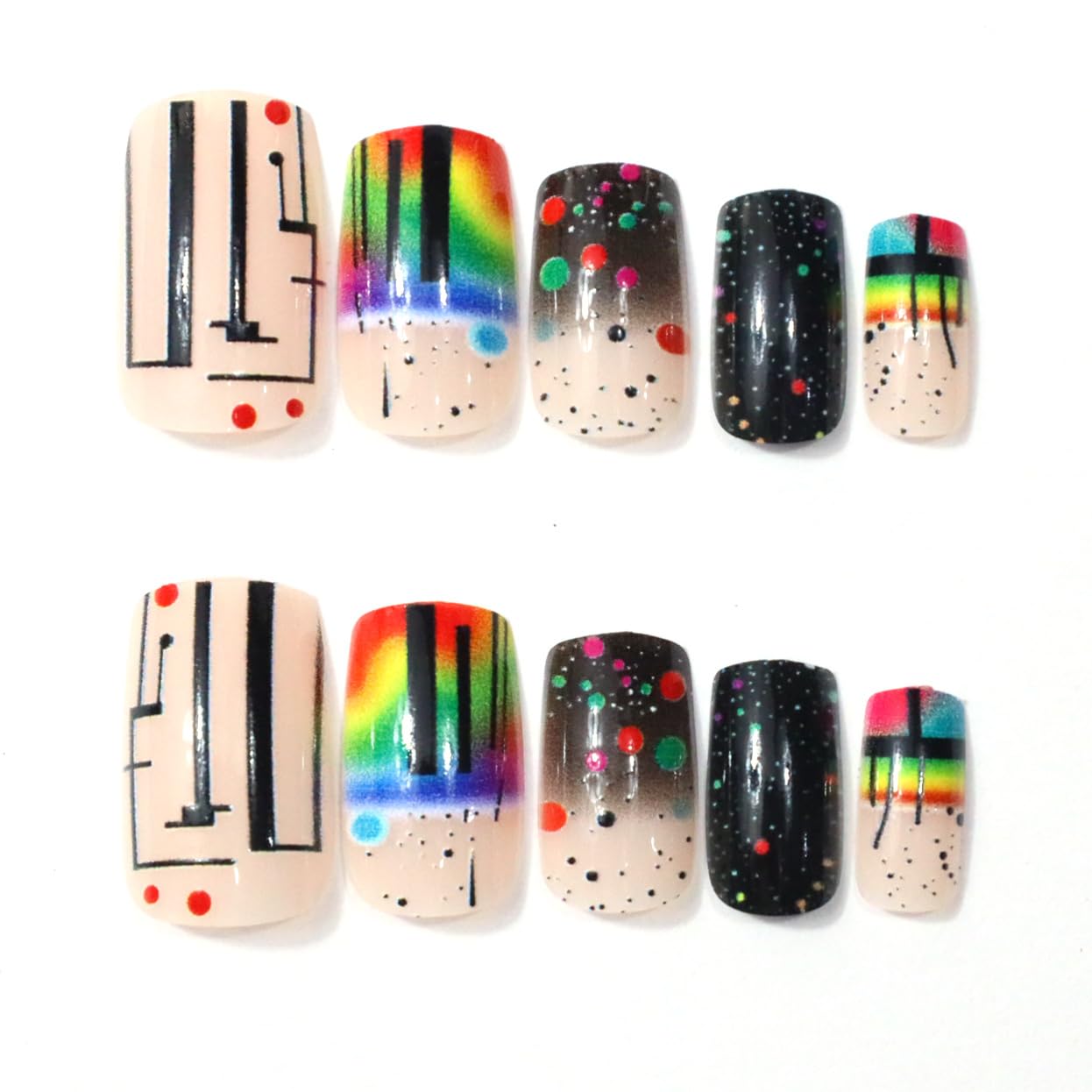 Rainbow Polka Dot Press-On Nails | Medium Square Colorful Acrylic Full Cover | 24 Pcs Reusable Summer Design