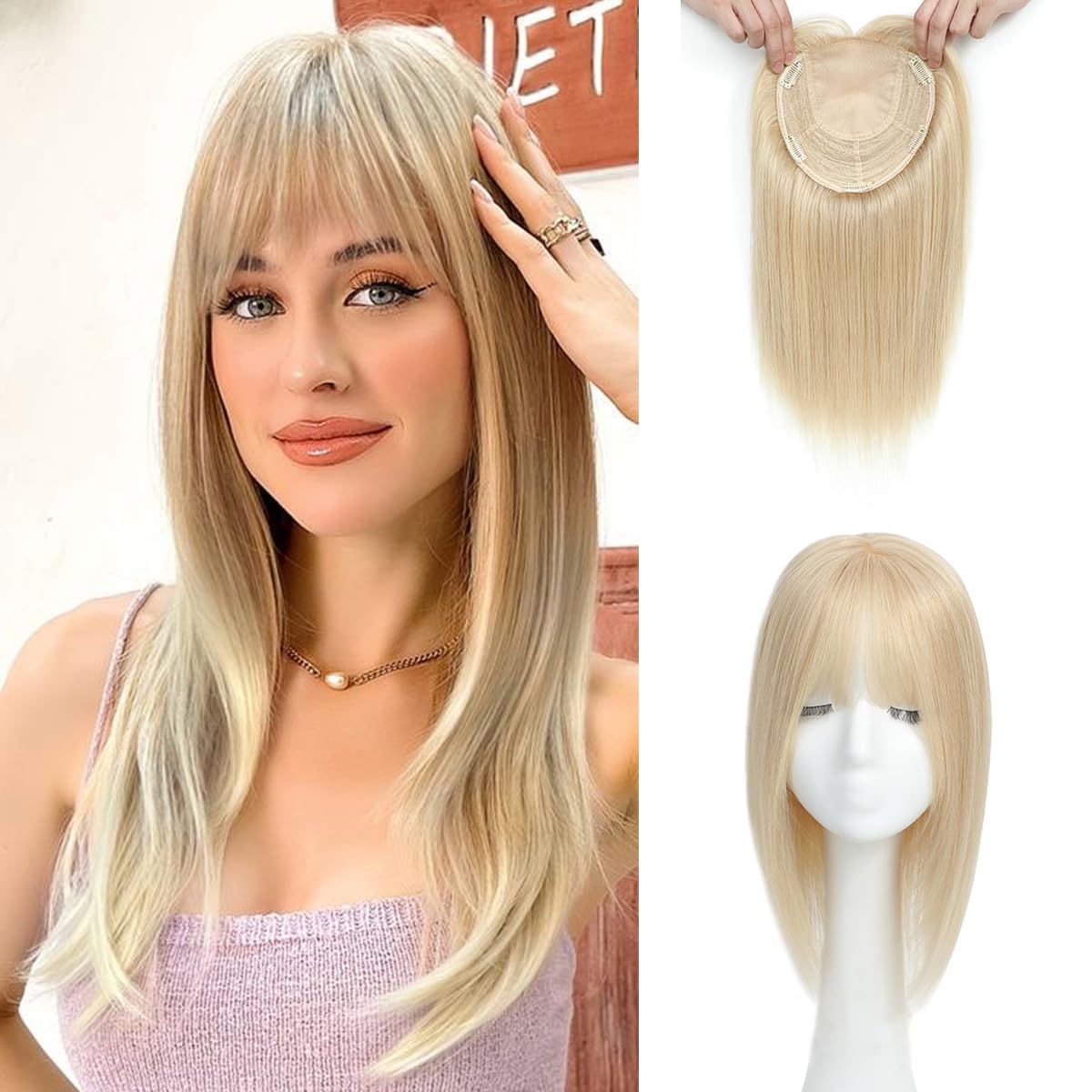 Aimeolyn Hair Toppers for Women - Real Human Hair 12-Inch Wiglet with Bangs for Thinning Hair | Big Base Scalp Coverage