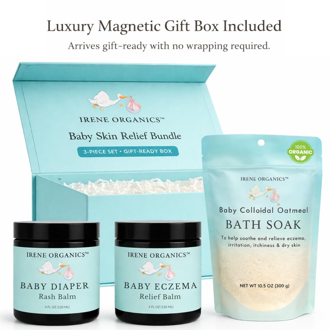 Irene Organics Baby Skincare Complete Routine Bundle – Colloidal Oatmeal Bath Soak, Eczema Relief Balm, Diaper Rash Balm & for Sensitive Skin, Newborns, Infants & Toddlers