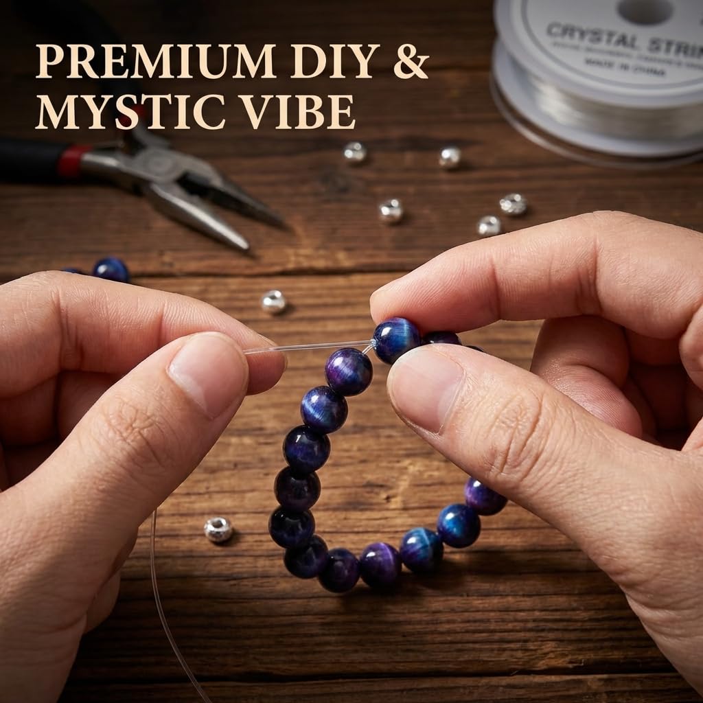 Gems for Crafting, 62pcs 6mm Natural Tiger Eye 7A Grade Polished Starry Sky Blue Tigers Beads Smooth Round Eye of The Tiger for DIY Gothic Jewelry Bracelet Necklace Making Men and Women
