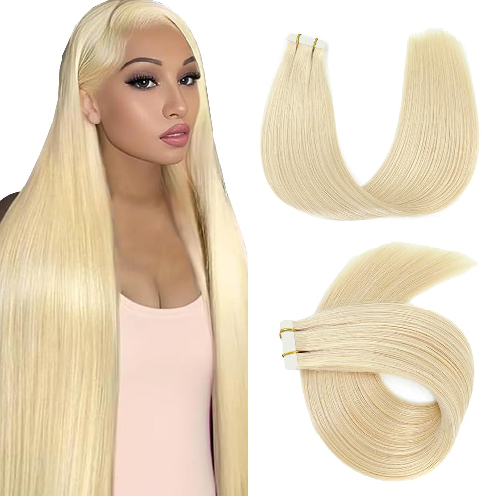 #613 Blonde Tape in Extensions Human Hair 28 Inch 613 Straight Tape in Seamless Extensions Real Human Hair Skin Weft Seamless Invisible Remy Hair 40g 10Pcs.