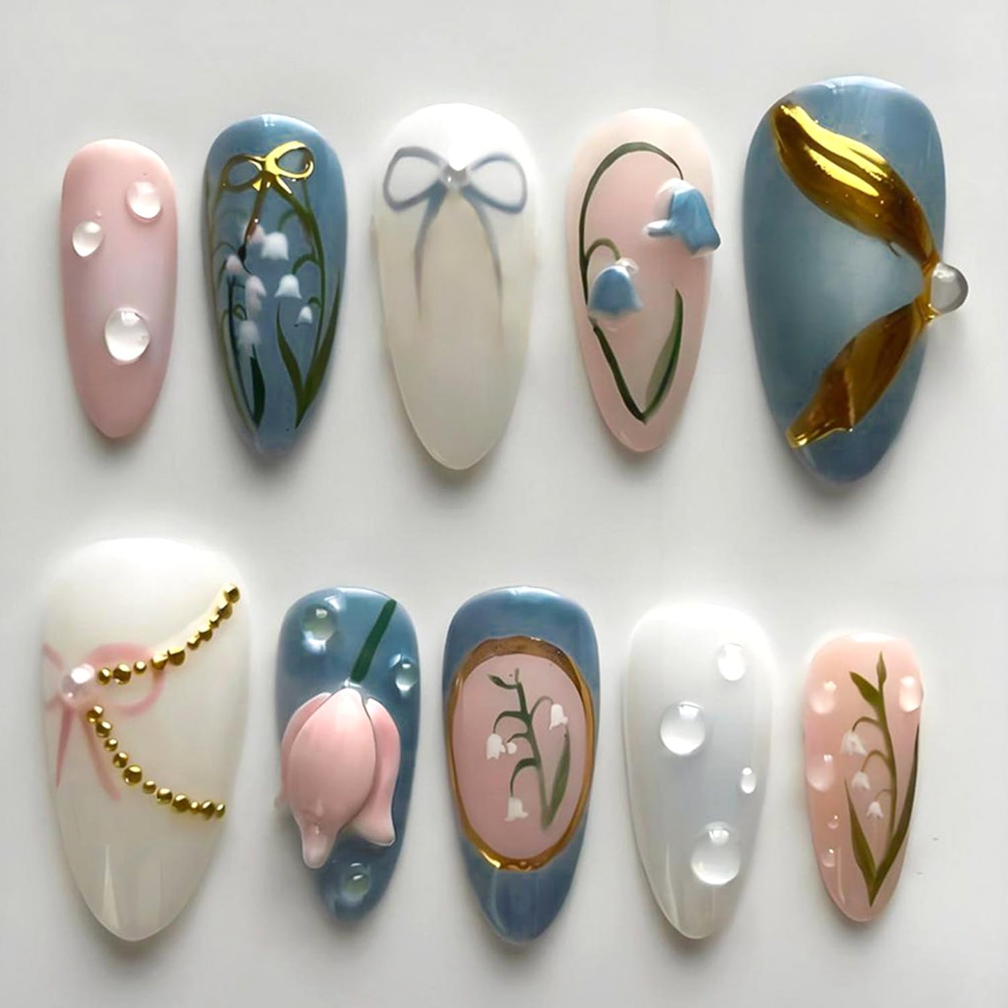 Press-On Nails - 24Pcs Medium Almond Fake Nails with Lotus & Lucky Koi Design | Glossy Full Cover for Spring/Summer DIY Manicure